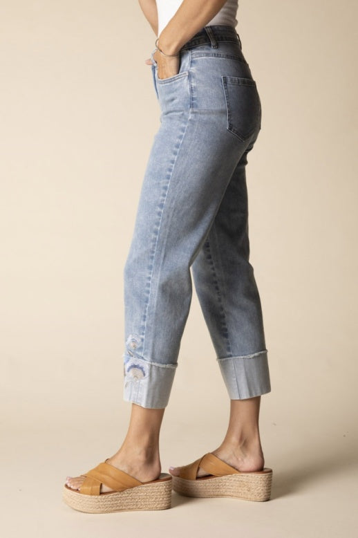 Habitat Stretch Denim Embroidered Cuff Capri - 11474 - LIGHT DENIM