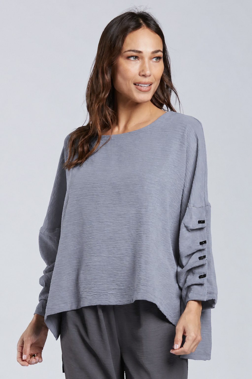 Sydney Project Parker Solid Air Flow Round Neck Reuched Button Sleeves Top - AFT1172 - GREY