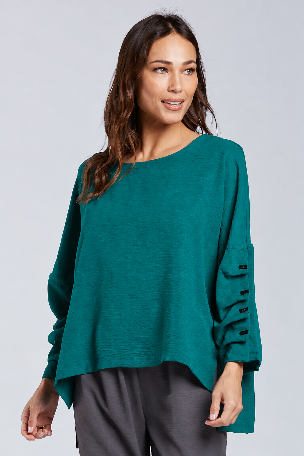 Sydney Project Parker Solid Air Flow Round Neck Reuched Button Sleeves Top - AFT1172 - JADE