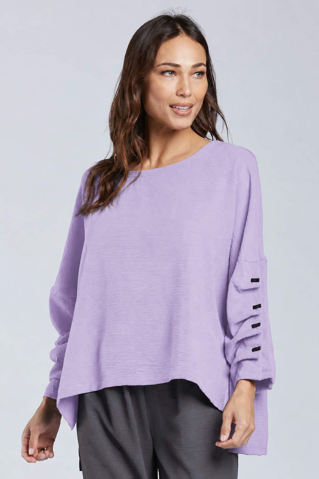 Sydney Project Parker Solid Air Flow Round Neck Reuched Button Sleeves Top - AFT1172 - LAVENDER