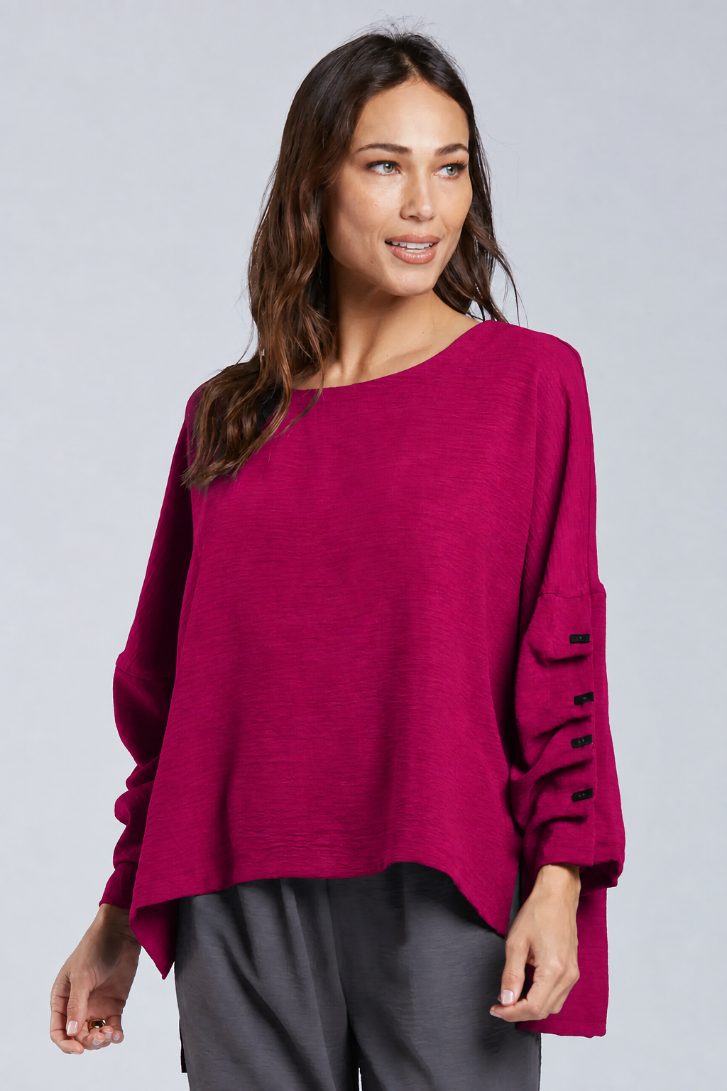 Sydney Project Parker Solid Air Flow Round Neck Reuched Button Sleeves Top - AFT1172 - MAGENTA