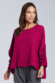 Sydney Project Parker Solid Air Flow Round Neck Reuched Button Sleeves Top - AFT1172 - MAGENTA