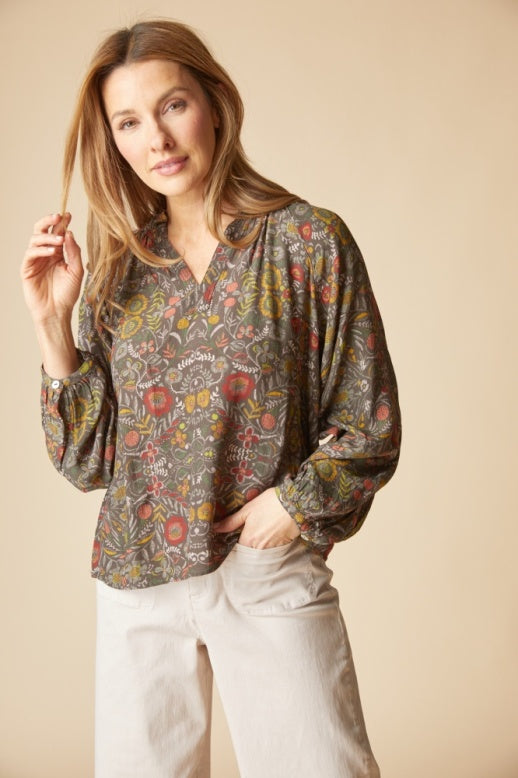 Habitat Rayon Crepe Garden Ruched Collar Shirt - 39625 - OLIVE