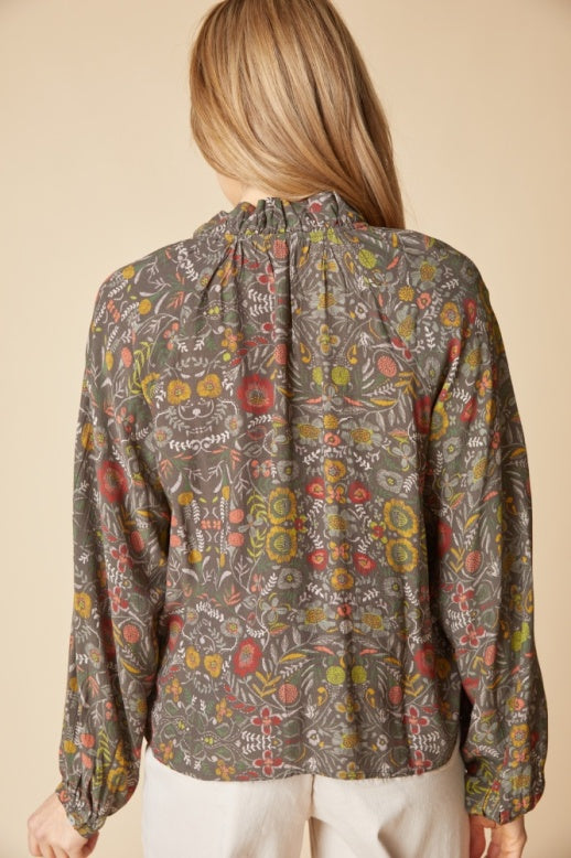 Habitat Rayon Crepe Garden Ruched Collar Shirt - 39625 - OLIVE