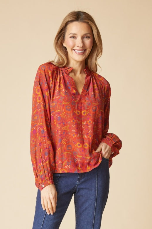 Habitat Rayon Crepe Garden Ruched Collar Shirt - 39625 - SIENNA