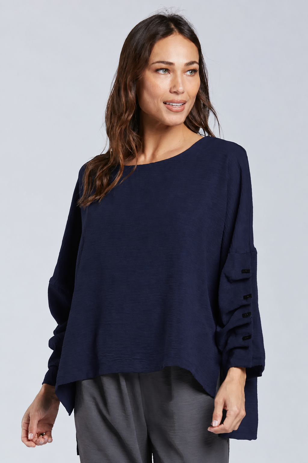 Sydney Project Parker Solid Air Flow Round Neck Reuched Button Sleeves Top - AFT1172 - NAVY