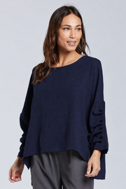 Sydney Project Parker Solid Air Flow Round Neck Reuched Button Sleeves Top - AFT1172 - NAVY