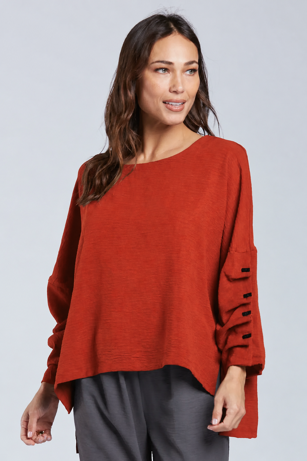 Sydney Project Parker Solid Air Flow Round Neck Reuched Button Sleeves Top - AFT1172 - RUST