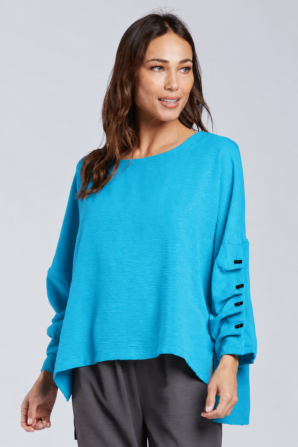 Sydney Project Parker Solid Air Flow Round Neck Reuched Button Sleeves Top - AFT1172 - TURQUOISE