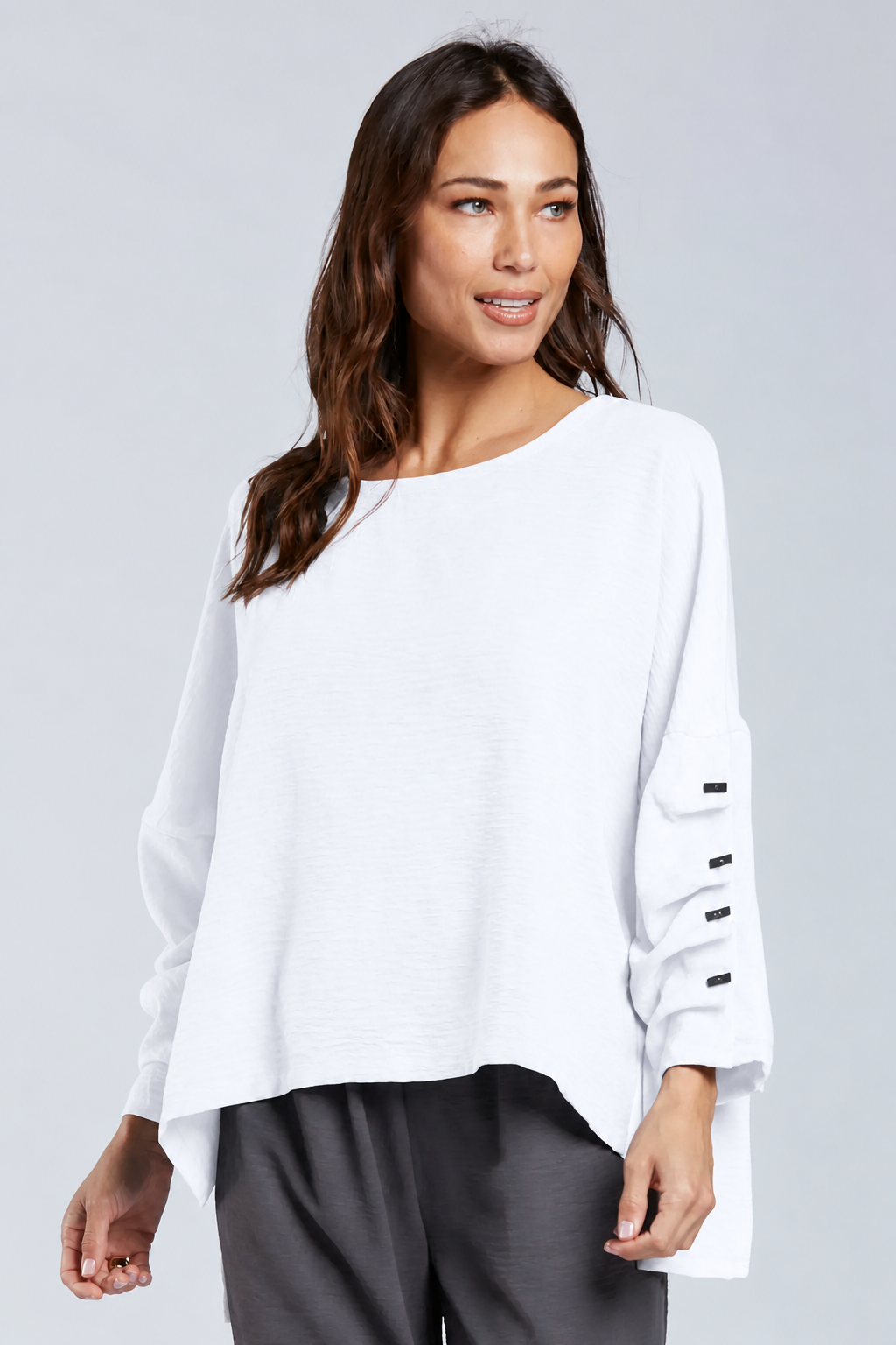 Sydney Project Parker Solid Air Flow Round Neck Reuched Button Sleeves Top - AFT1172 - WHITE