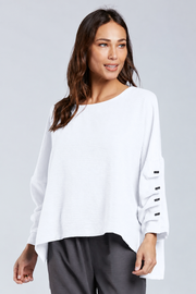 Sydney Project Parker Solid Air Flow Round Neck Reuched Button Sleeves Top - AFT1172 - WHITE