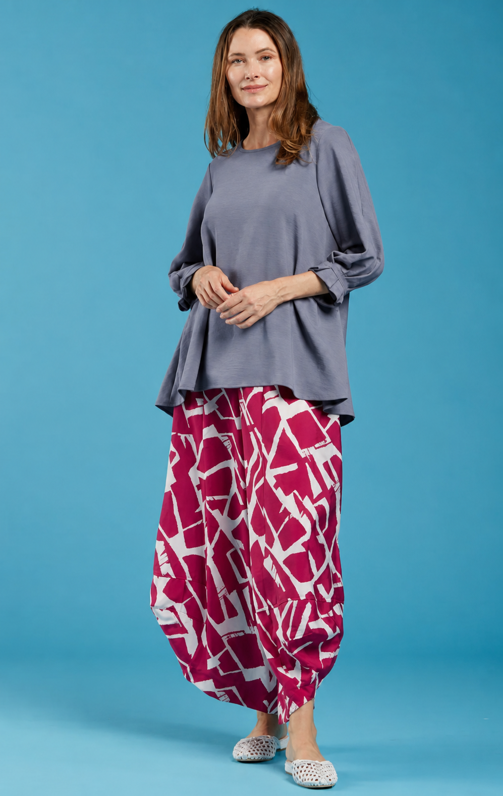 Sydney Project Peggy Round Neck Long Flowy Top w/ Reuched Cuffed Sleeves - AFT1157 - GREY