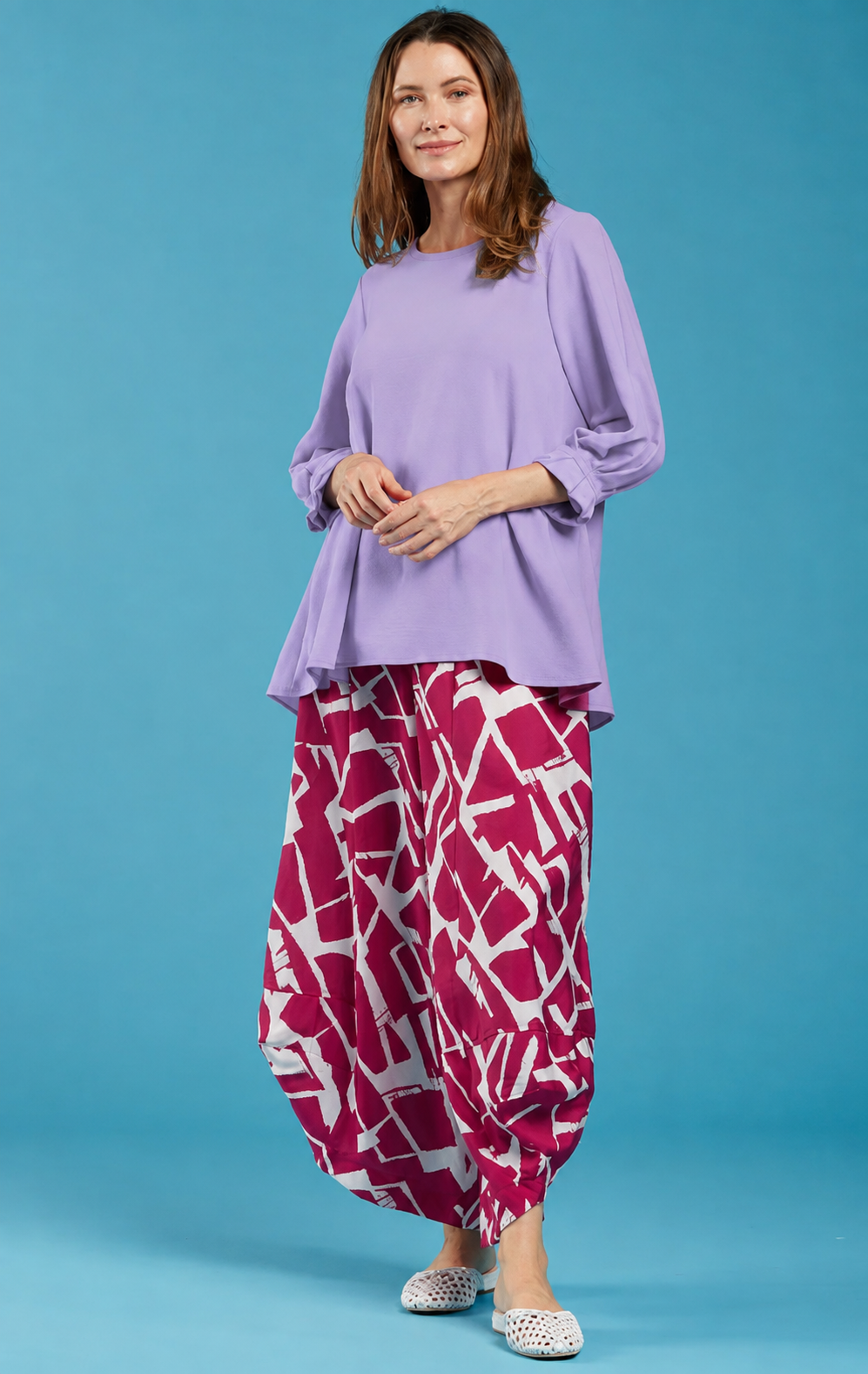 Sydney Project Peggy Round Neck Long Flowy Top w/ Reuched Cuffed Sleeves - AFT1157 - LAVENDER