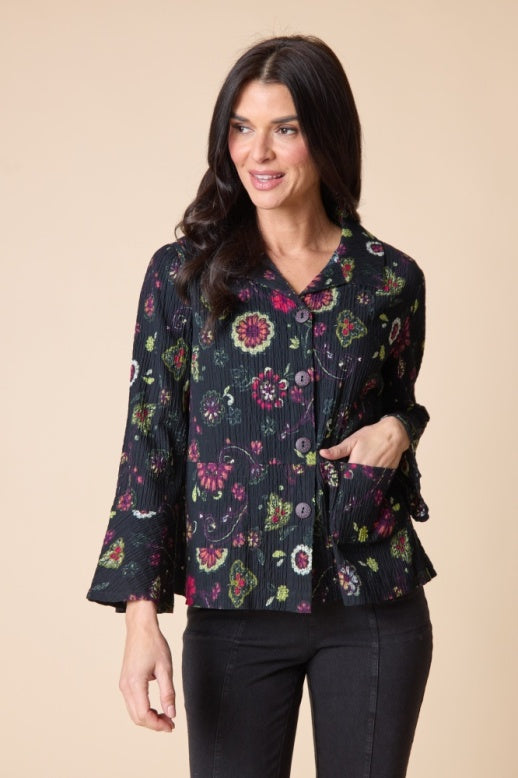 Habitat Crinkle Cotton Floral Flounce Jacket - 48045 - BLACK