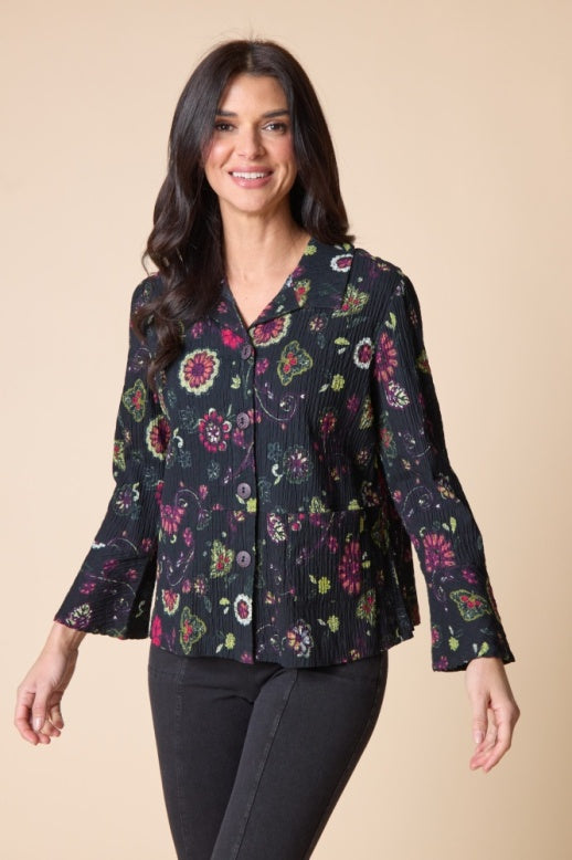 Habitat Crinkle Cotton Floral Flounce Jacket - 48045 - BLACK