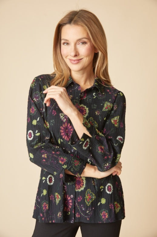 Habitat Crinkle Cotton Floral Shaped Shirt - 48023 - BLACK
