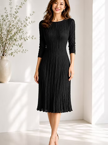 Vanite Couture Pleated Solid Dress - 88630 - BLACK