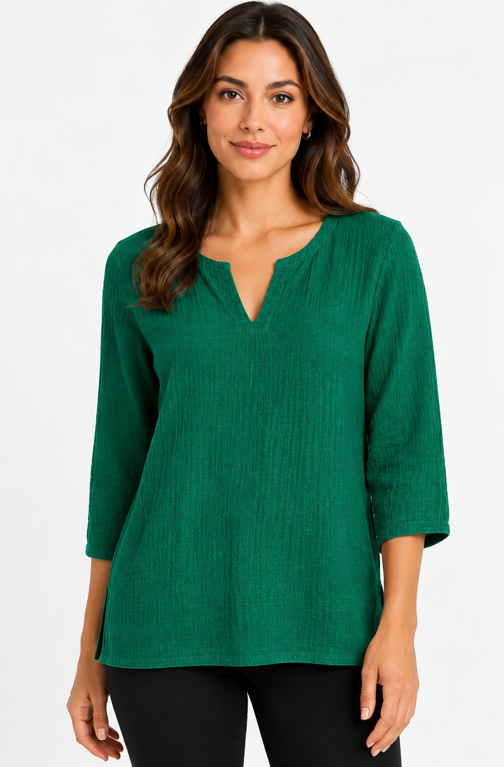 Prairie Cotton by CMC Crinkle Gauze 3/4 Sleeve V-Neck Tunic - CG304