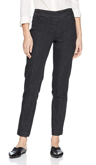 LONG/Narrow Women's Wide Band Pull-On Straight Leg Pant With Tummy Control (M2604P)-BLACK DENIM
