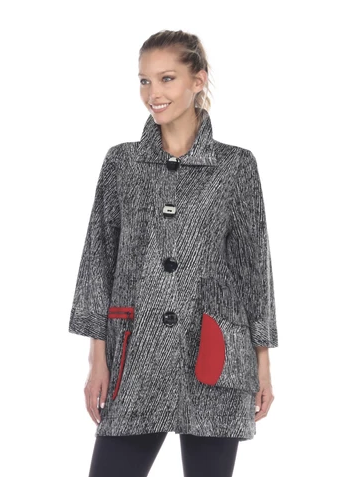 Moonlight Button Front Sweater Knit Jacket in Black/Grey/Red 2706-GRY