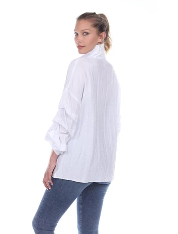 Moonlight Sheer Ruched-Sleeve Blouse in White - 2403