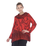 Moonlight Mixed Media Cowl-Neck Tunic in Red/Black - 2099