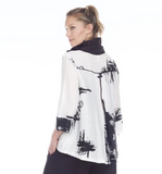 Moonlight Abstract Print Button Front Hi-Low Shirt in Black/White - 3062-WHT