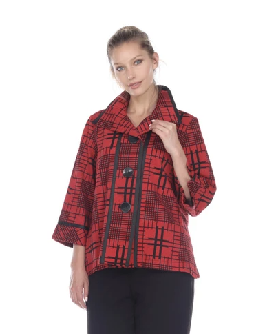 Moonlight Check Print Button Front Jacket in Red/Black - 2873-RED