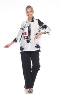Moonlight Abstract Print Button Front Swing Shirt in Black/White/Red - 3007