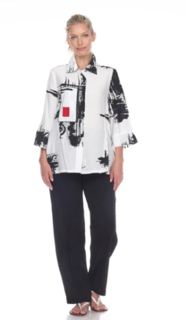 Moonlight Abstract Print Button Front Swing Shirt in Black/White/Red - 3007