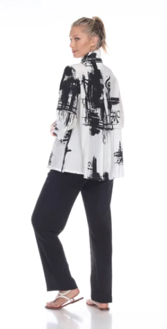 Moonlight Abstract Print Button Front Swing Shirt in Black/White/Red - 3007