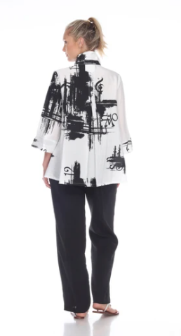 Moonlight Abstract Print Button Front Swing Shirt in Black/White/Red - 3007