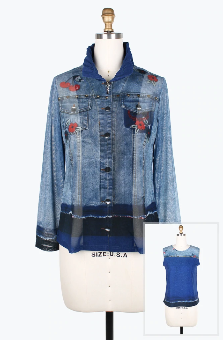 DAMEE CHERRIES & FLOWERS DENIM MESH TWIN SET-31404-DNM