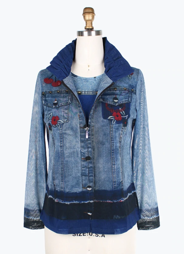 DAMEE CHERRIES & FLOWERS DENIM MESH TWIN SET-31404-DNM