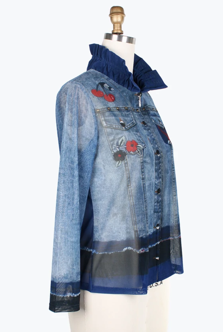DAMEE CHERRIES & FLOWERS DENIM MESH TWIN SET-31404-DNM