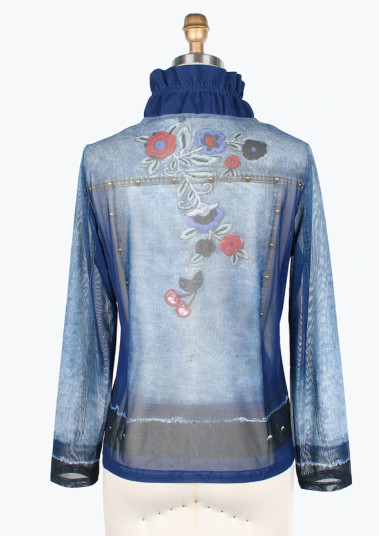 DAMEE CHERRIES & FLOWERS DENIM MESH TWIN SET-31404-DNM