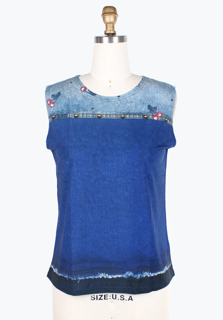 DAMEE CHERRIES & FLOWERS DENIM MESH TWIN SET-31404-DNM