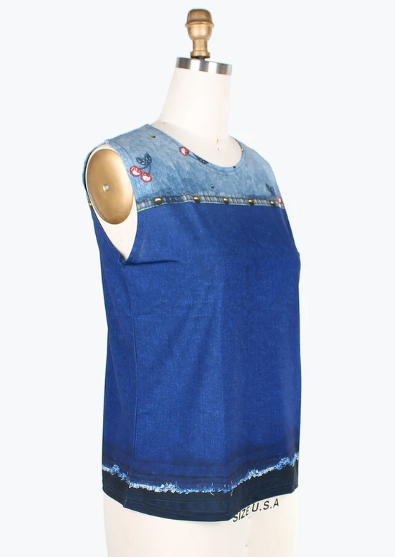 DAMEE CHERRIES & FLOWERS DENIM MESH TWIN SET-31404-DNM