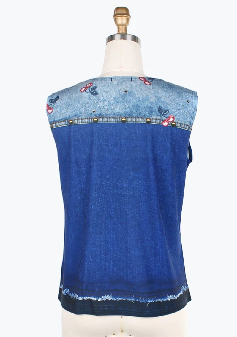 DAMEE CHERRIES & FLOWERS DENIM MESH TWIN SET-31404-DNM