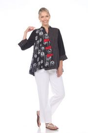 MOONLIGHT Asymmetric Button Front Black & White Accent Swirls & Stripes Jacket - 2550-BLK