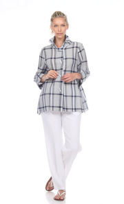 MOONLIGHT Button Front Check & Stripe Wire Collar Top - 2417 CK