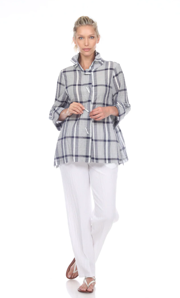 Moonlight Lightweight Check & Stripe Button Front Shirt in Navy/Blue/White - 2417 CK