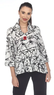 MOONLIGHT Button Front White & Black Scratch Print Wire Collar Top - 3448