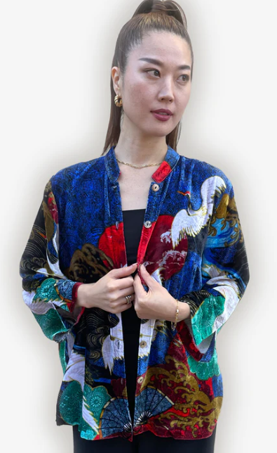 Citron "Sun Wave Crane Blue" Silk Velvet Blouse - 1213SWCB