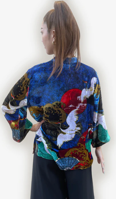 Citron "Sun Wave Crane Blue" Silk Velvet Blouse - 1213SWCB