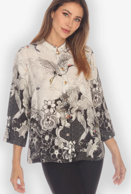 Citron "Black White Crane Wave" Silk Blouse - 1213BWCW