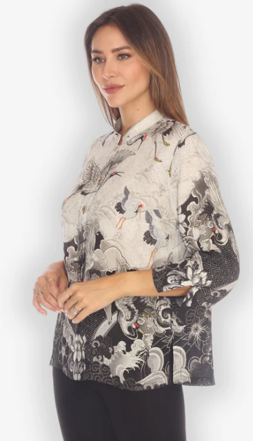 Citron "Black White Crane Wave" Silk Blouse - 1213BWCW