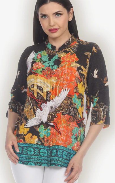 Citron "Crane Ornate Border" Silk Blouse - 1213COB
