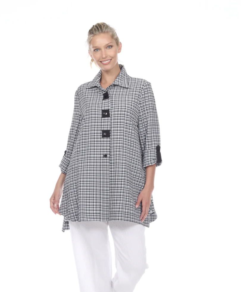 MOONLIGHT Plaid Print Black & White Button Down Top - 2497