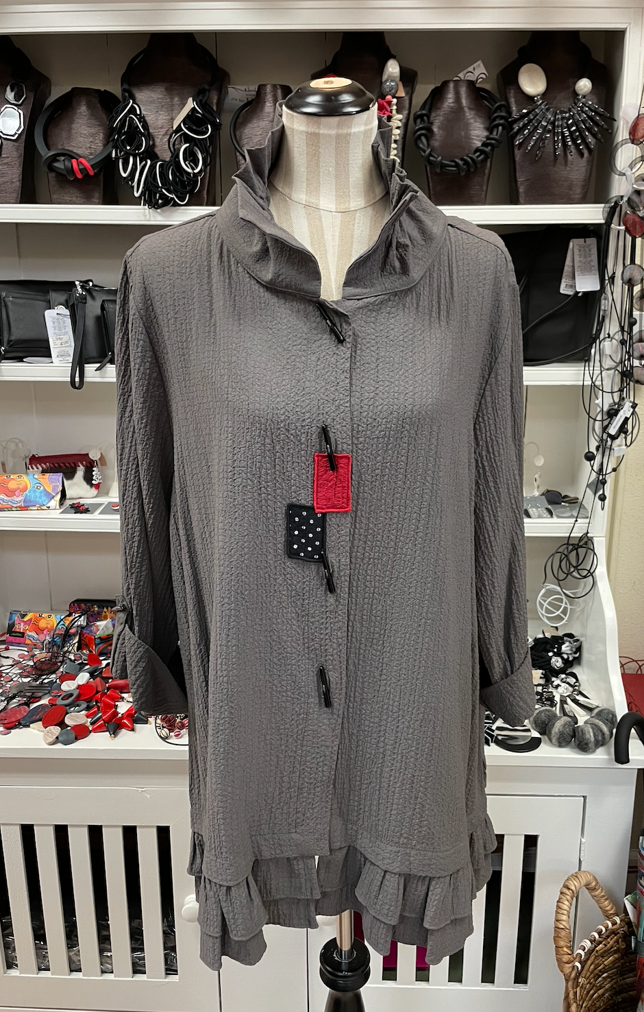 MOONLIGHT Grey Button Front Ruffle Hem Shirt-Jacket - 2315-GREY (NOT OLIVE)